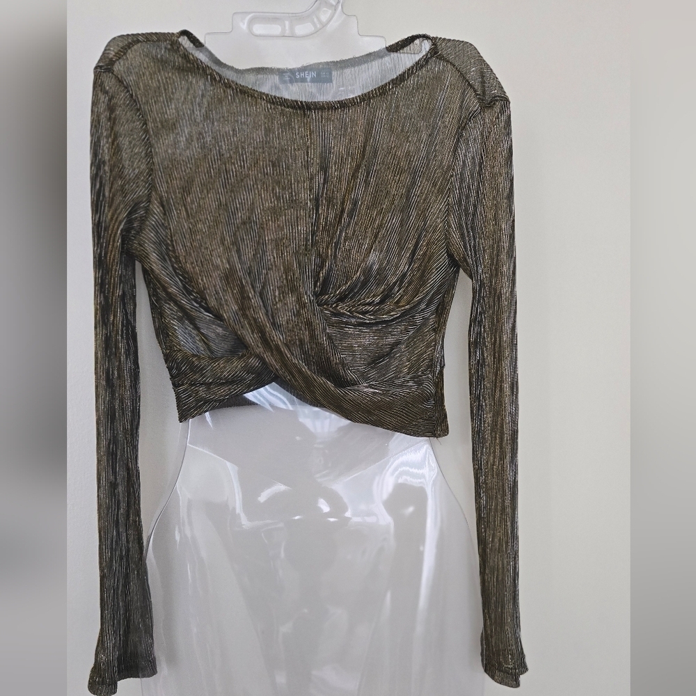 *3/$20 Long Sleeve Crop Top Black Gold Metallic Sheer - Picture 3 of 6